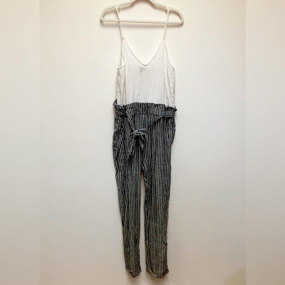Shinestar Linen Blend Jumpsuit XL White Gray Stripe lightweight Spring Minimal